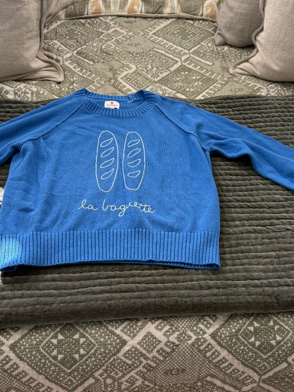 SUNDRY La Baguette Blue Embroidered French Sweater